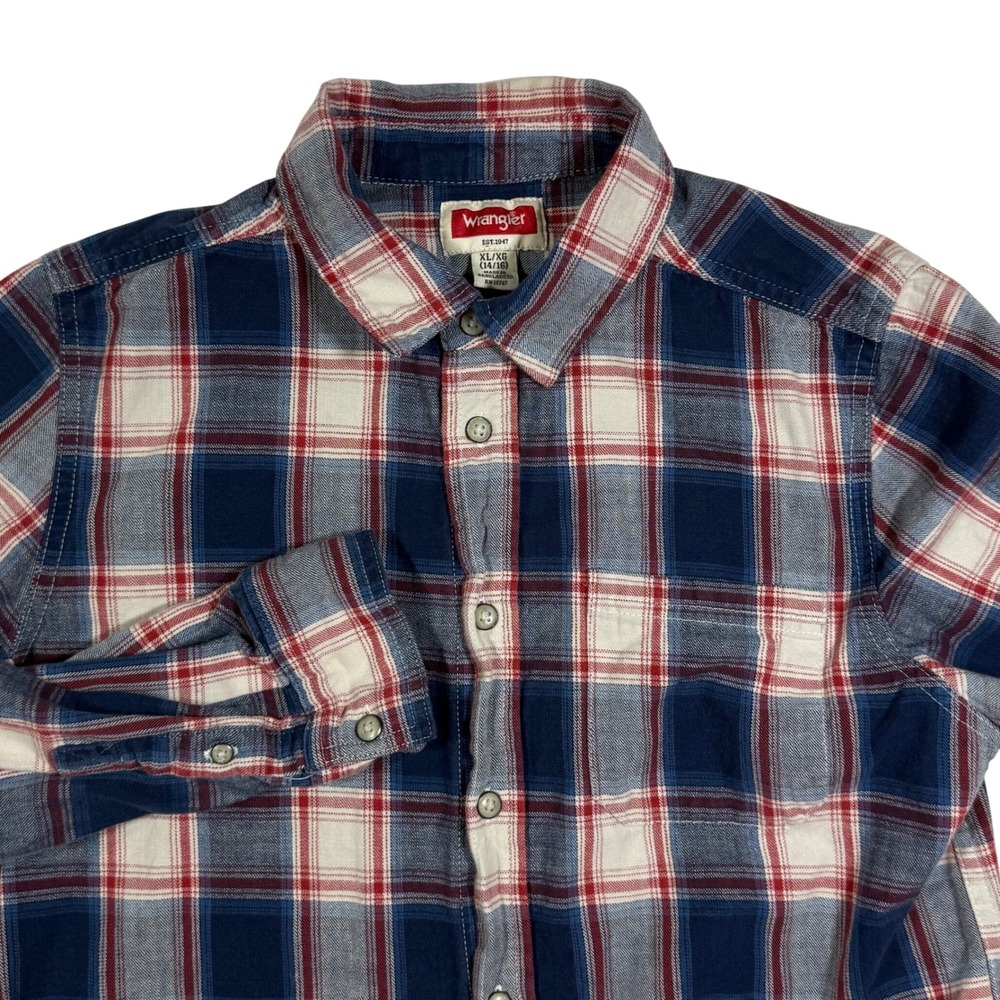 Wrangler Plaid Flannel Shirt Boys XL 14/16 Blue Red White Western Cabin Core